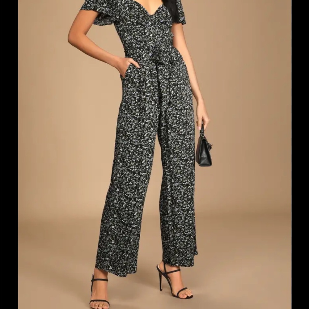 Lulus Black Floral Straight-Leg Jumpsuit – Size XS